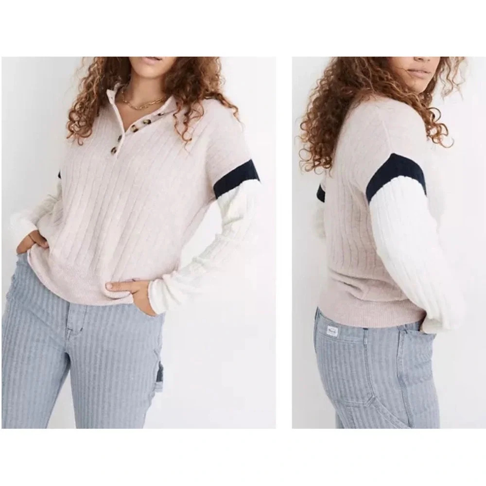 Madewell Women's Size XS Pink Cream Striped Bowden Henley Sweater